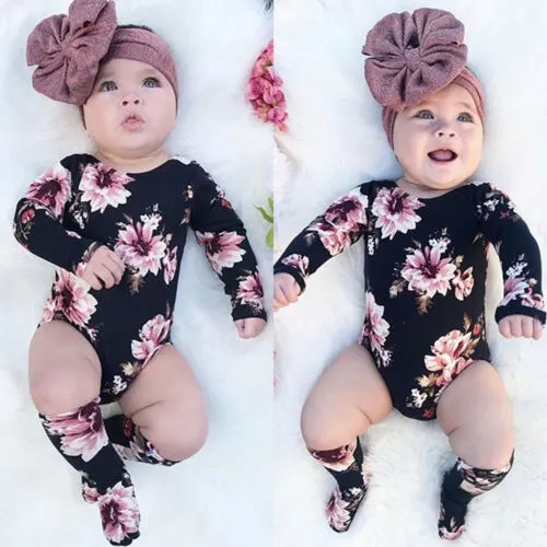 Baby Girls Romper with Stockings, Floral Long Sleeve O-Neck Romper, Long Socks