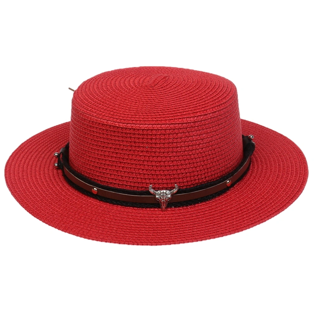 Men Women Straw Fedora Hat Flat Top Jazz Panama Hat with Bull Band