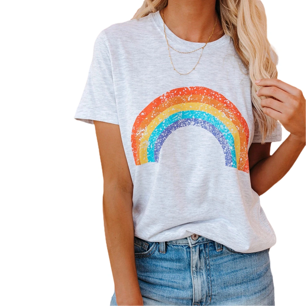 Women Summer Short Sleeve T-shirt Rainbow Print Round Collar Tops