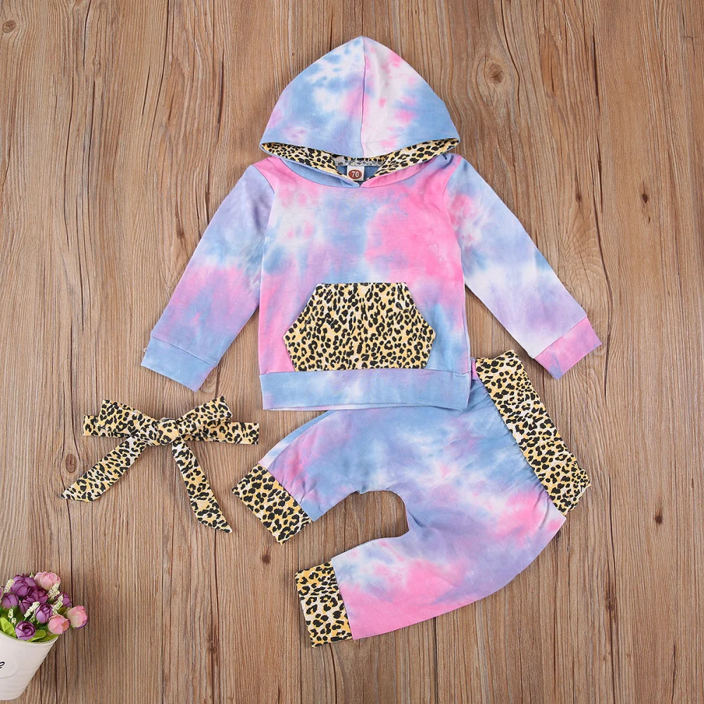 2Pcs Baby Tie-Dye Leopard Print Long Sleeve Hooded Sweatshirt + Pants