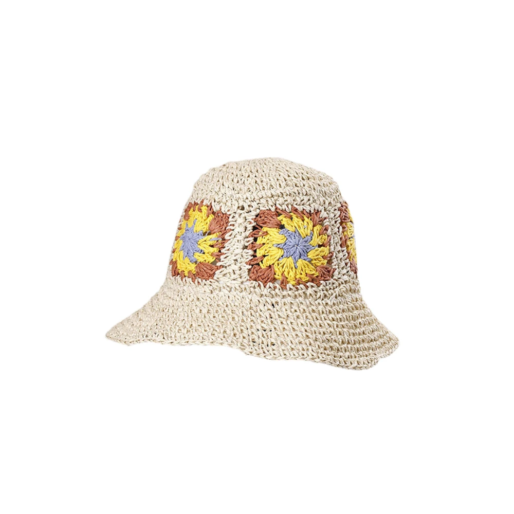 Women Summer Straw Sun Hat, Outdoor Flower Crochet Beach Bucket Hat