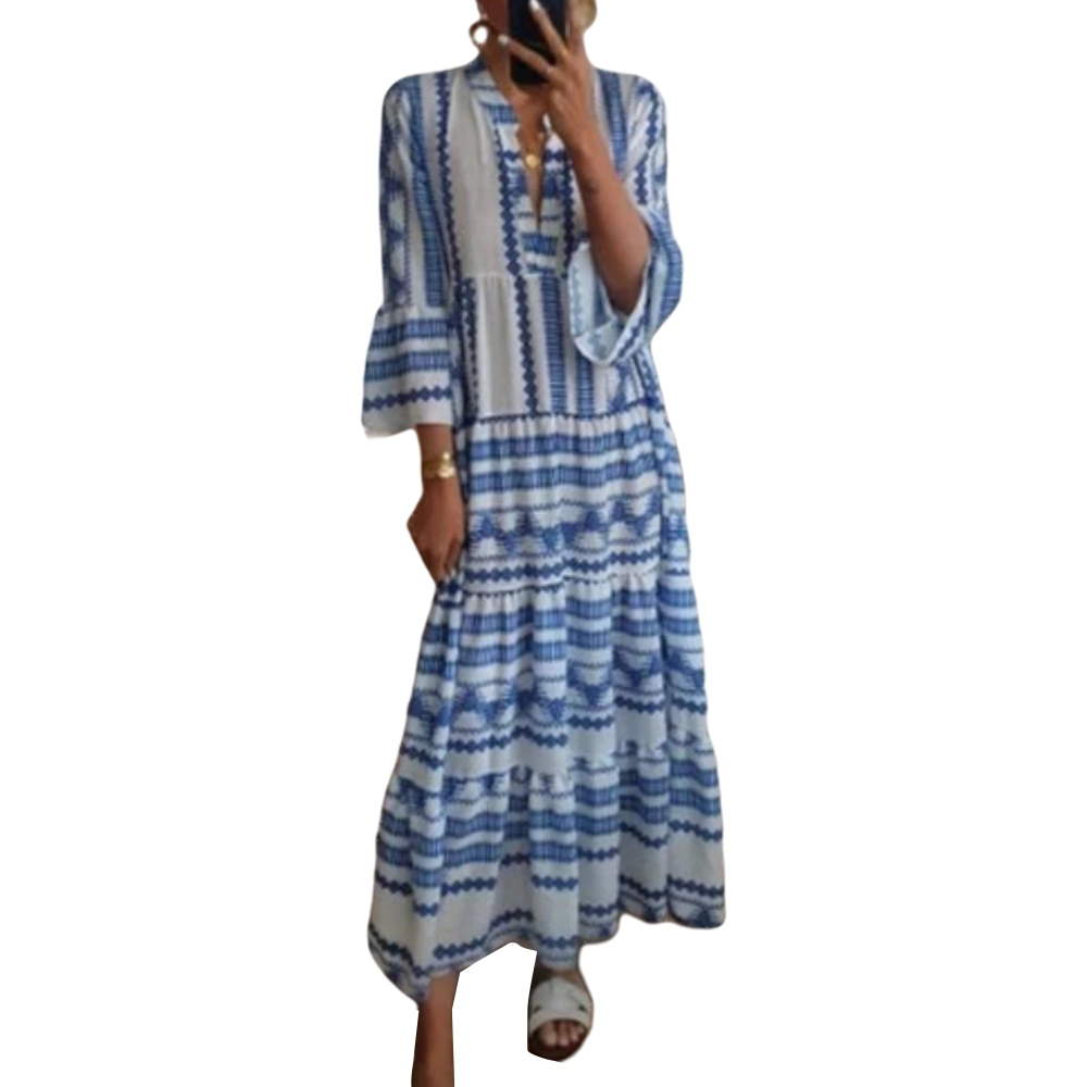 Women's  V Neck Flared Long Sleeve Geometric Printed Long Dress