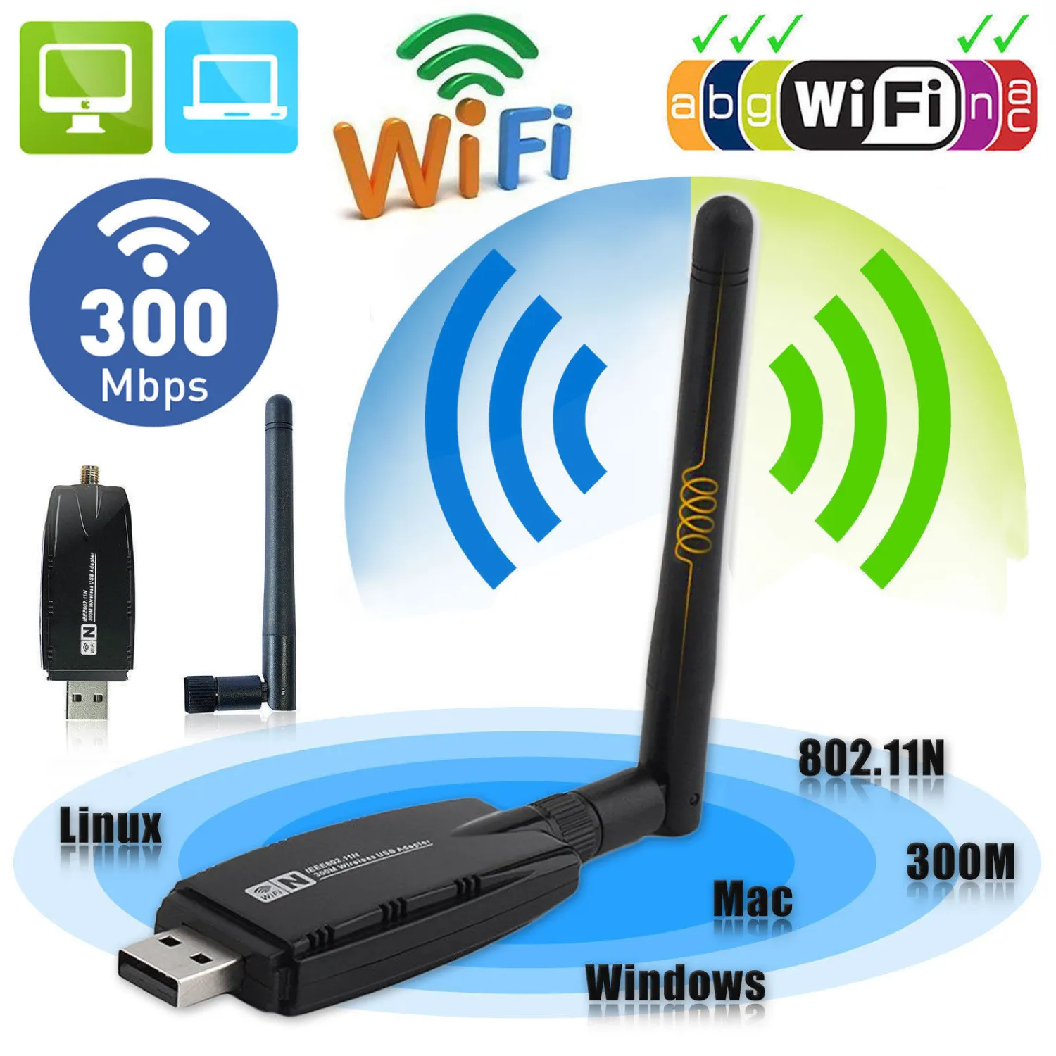 300Mbps Wireless Network LAN Card, USB WiFi Adapter Dongle Antenna