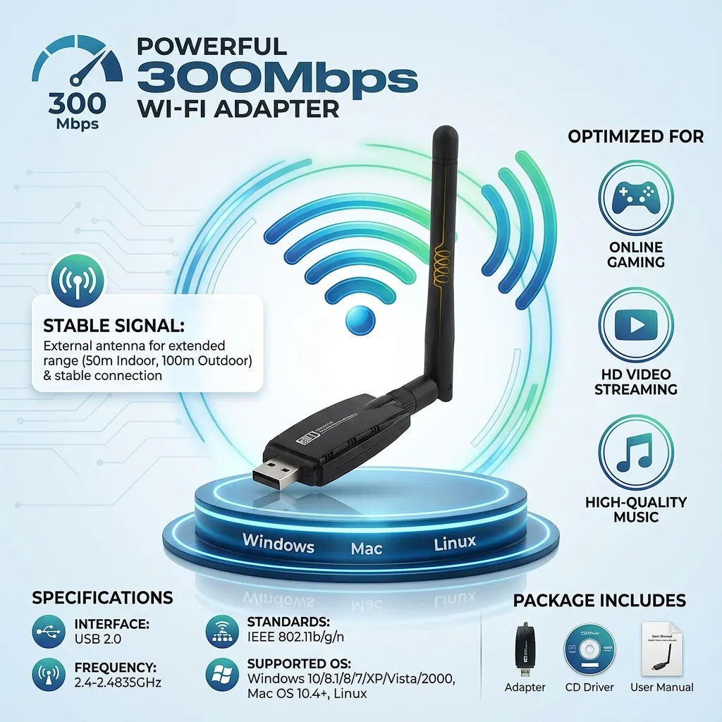 300Mbps Wireless Network LAN Card, USB WiFi Adapter Dongle Antenna