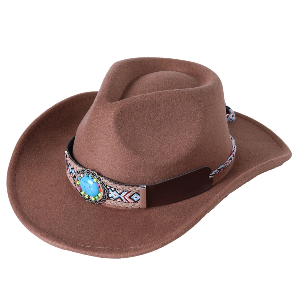 Women Men Felt Cowboy Hat, Roll-up Brim Western Cap with Rhinestone