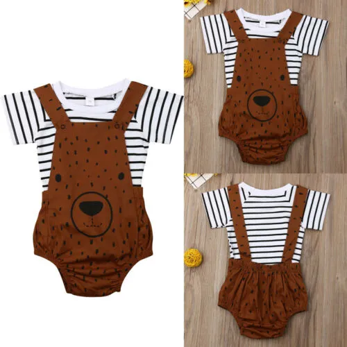 Girls Boys 2 Pieces Outfit, Stripe T-shirt + Animal Romper Overalls