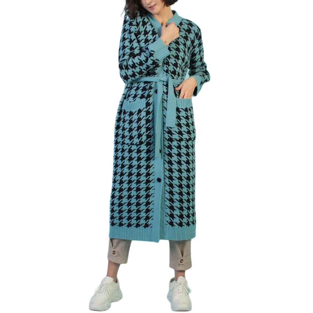 Female Houndstooth Print Long Sleeve Coat with Pockets and Waist Belt