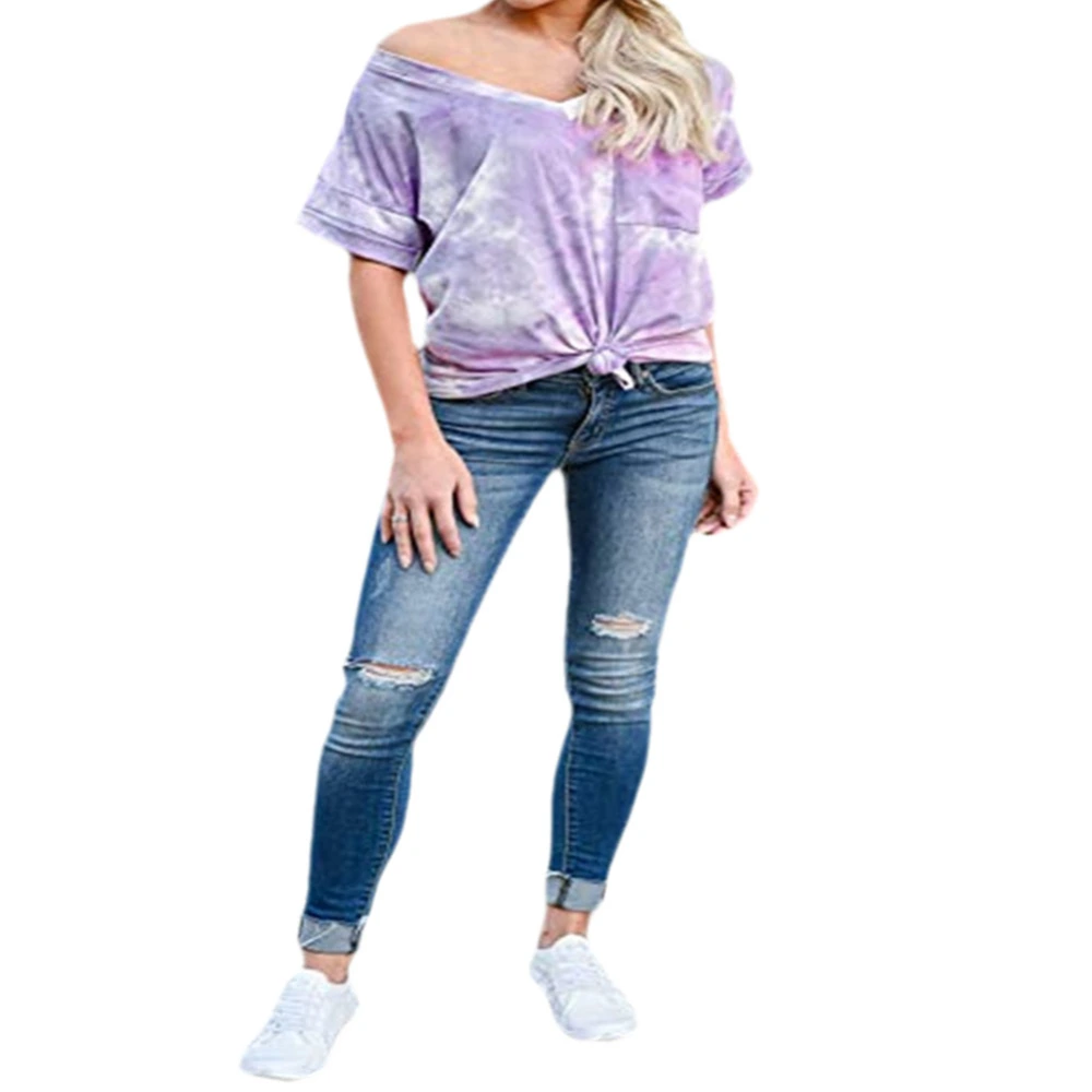 Women Casual Short Sleeve T-shirt, V Neck Tie Dye Pocket Tee