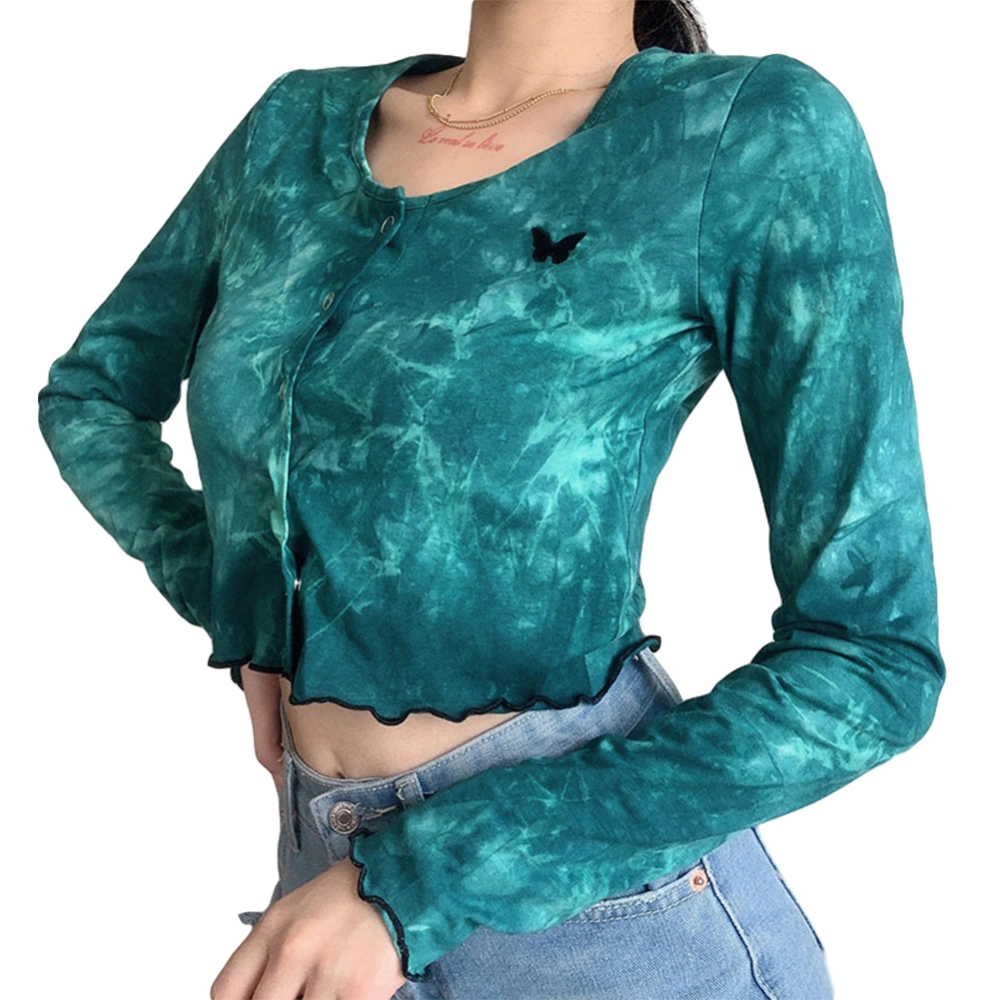 Women’s Tie Dye Crop Tops, Long Sleeve Single-Breasted Short Tops