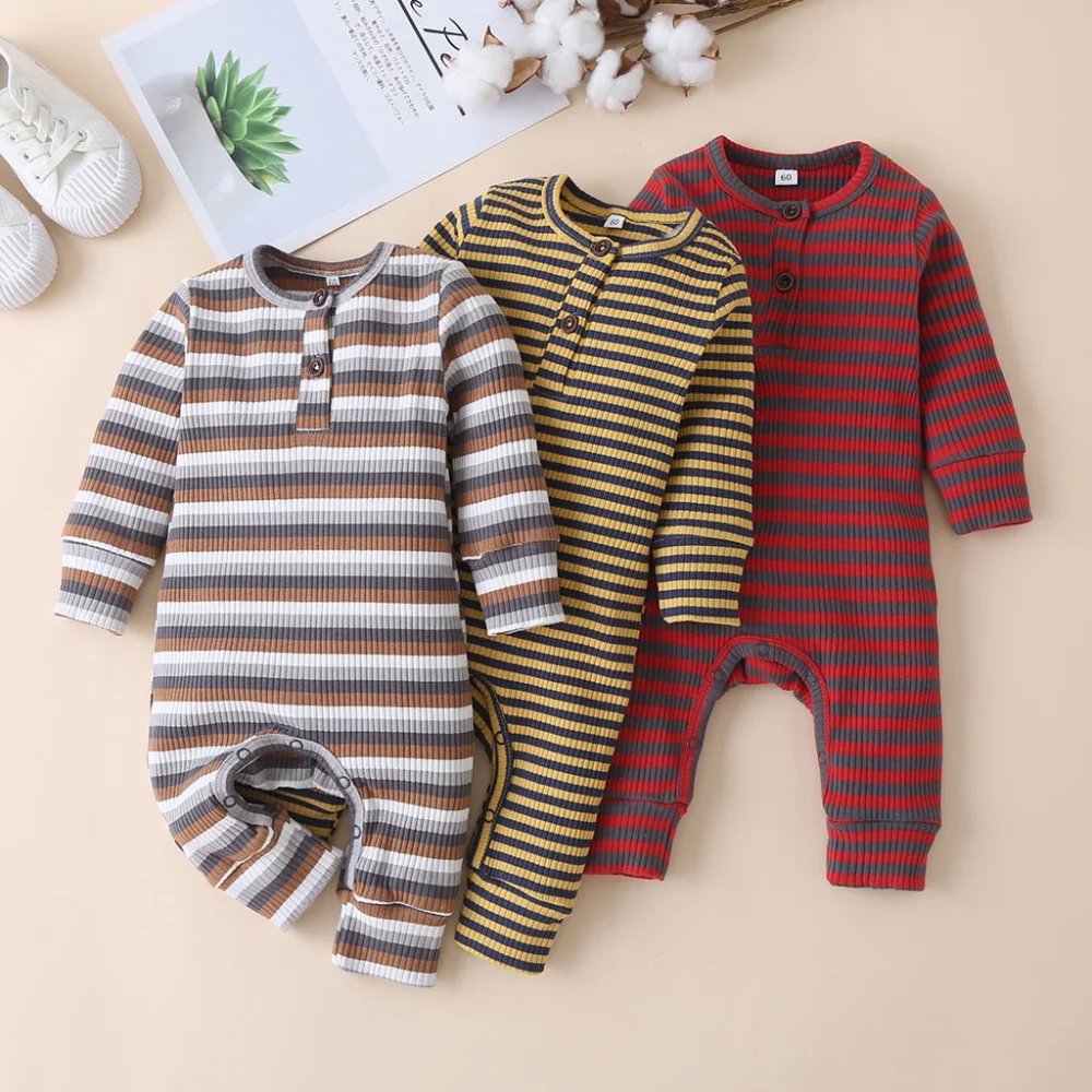 Baby's One-piece Stripe Romper, Long Sleeve Triangle Button Crotch Bodysuit