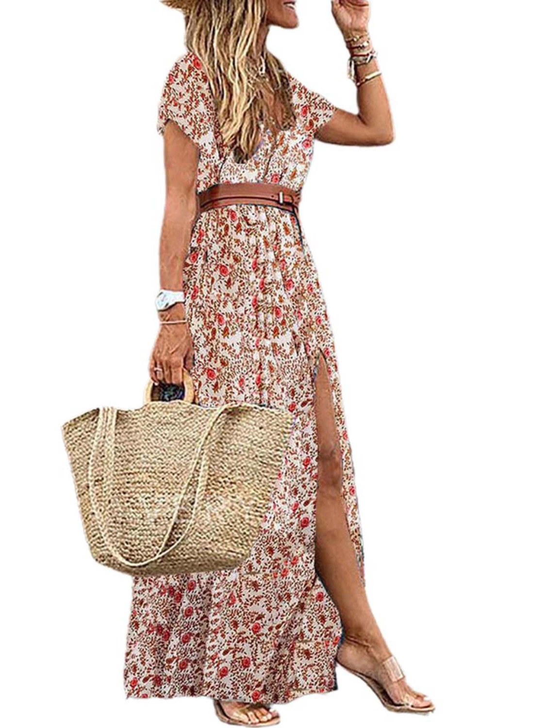 Women's Floral Maxi Dress, Temperament Bohemian V-Neck Dress
