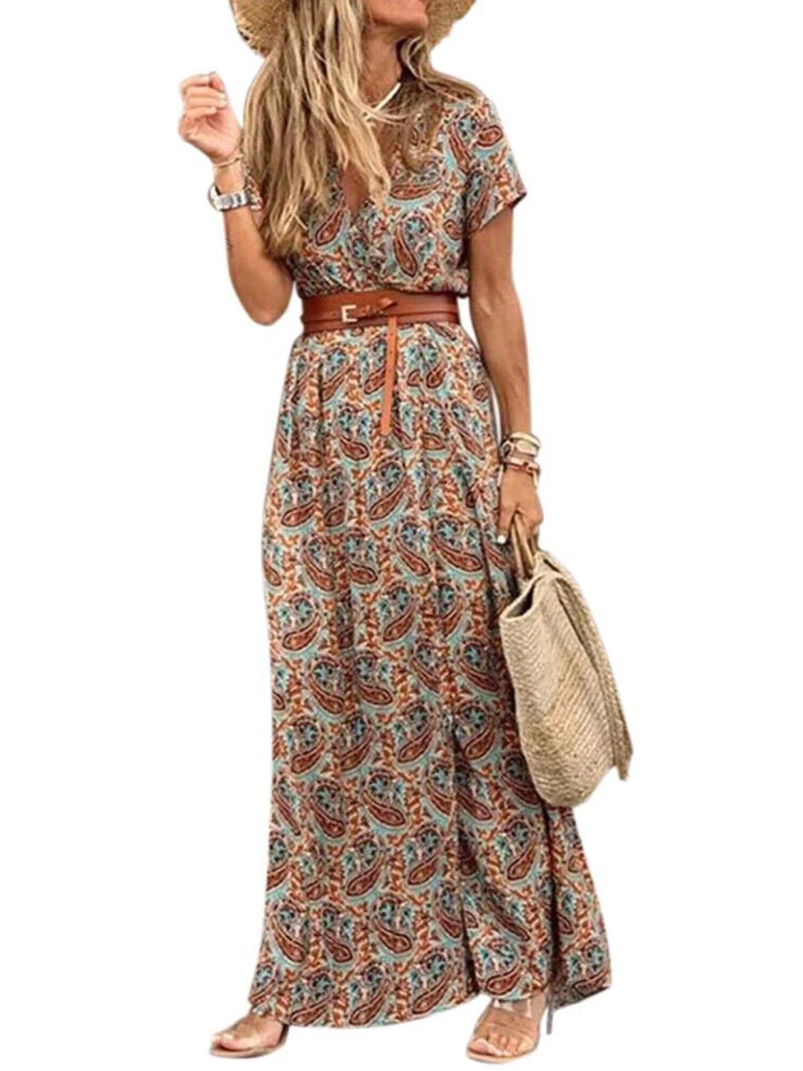 Women's Floral Maxi Dress, Temperament Bohemian V-Neck Dress
