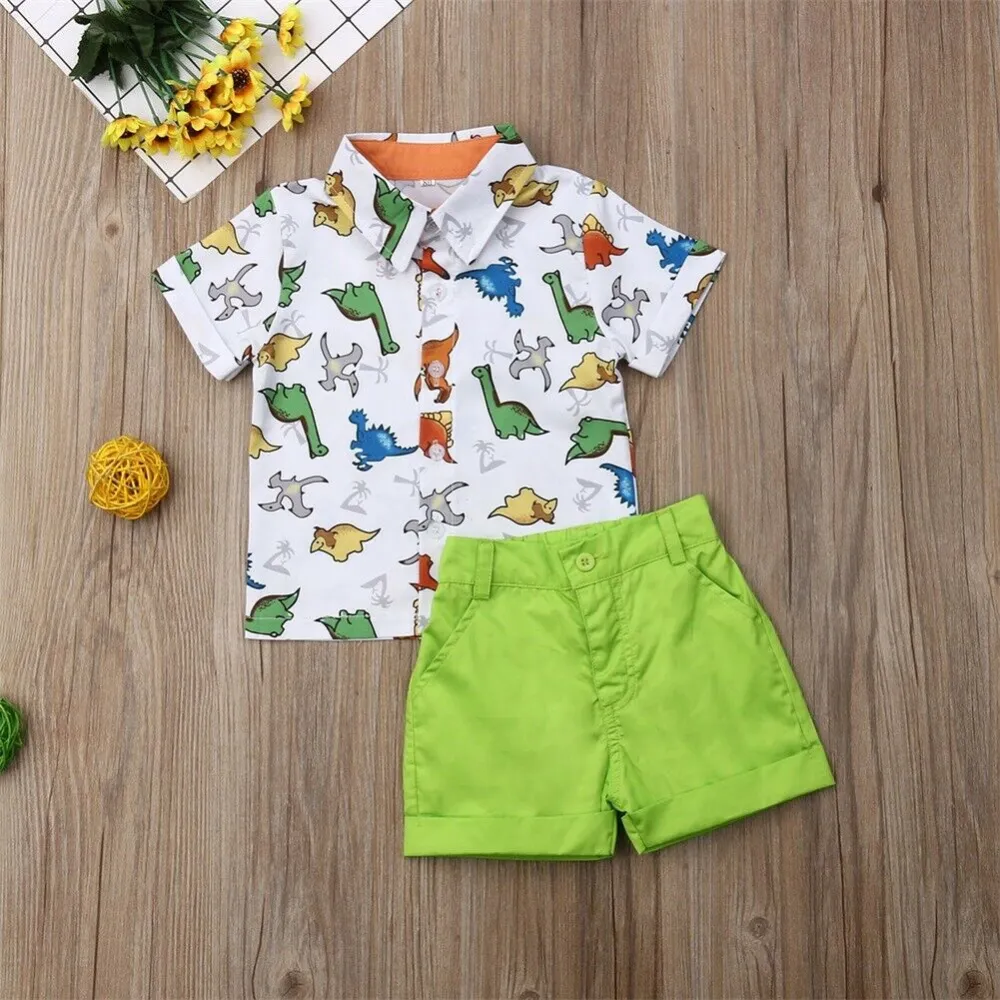 Baby Boys Short Sleeve Cartoon T-Shirt + Fluorescent Green Shorts