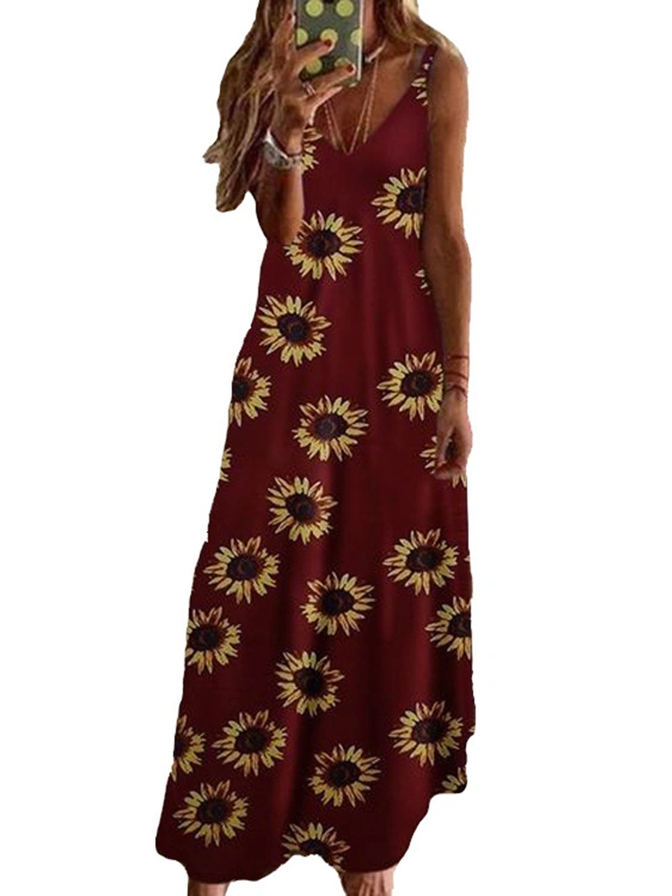 Women Floral Printed Dress, Long Beach Boho Skirt V-neck Clothing