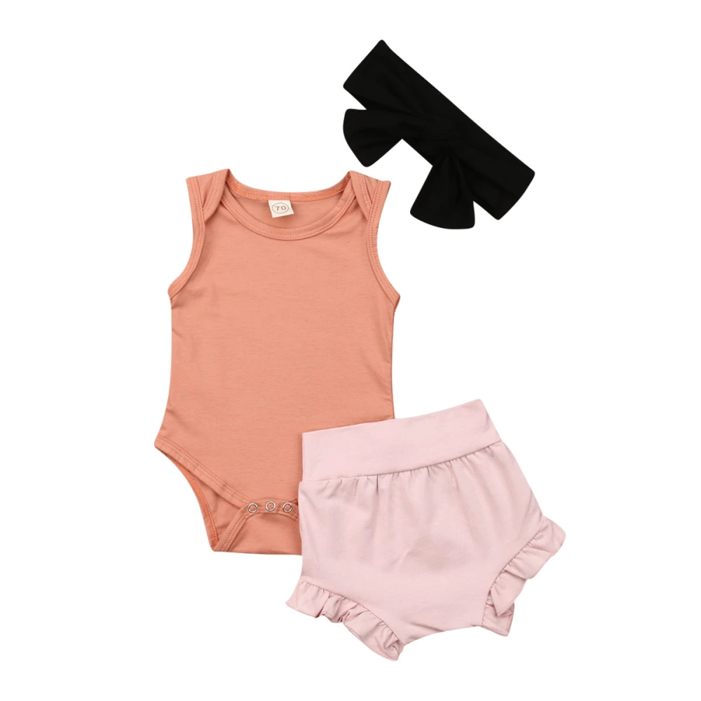 3 Pcs Baby Girl Pants Sets, Sleeveless Romper+ Ruffle Shorts + Headband Suits