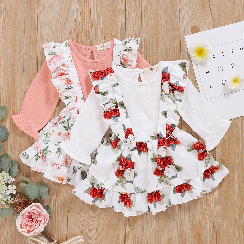 Girl 2 Pieces Outfit, Long Sleeve Tops + Floral Print Suspender Skirt