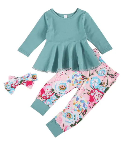 Girls' Floral Two Piece Suit, Ruffled Hem Top and Long Pants with Floral Headdress