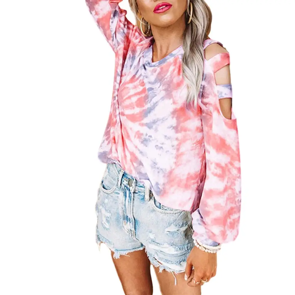 Women Casual Tie Dye Printed Pullover Cold Shoulder Sweatshirt