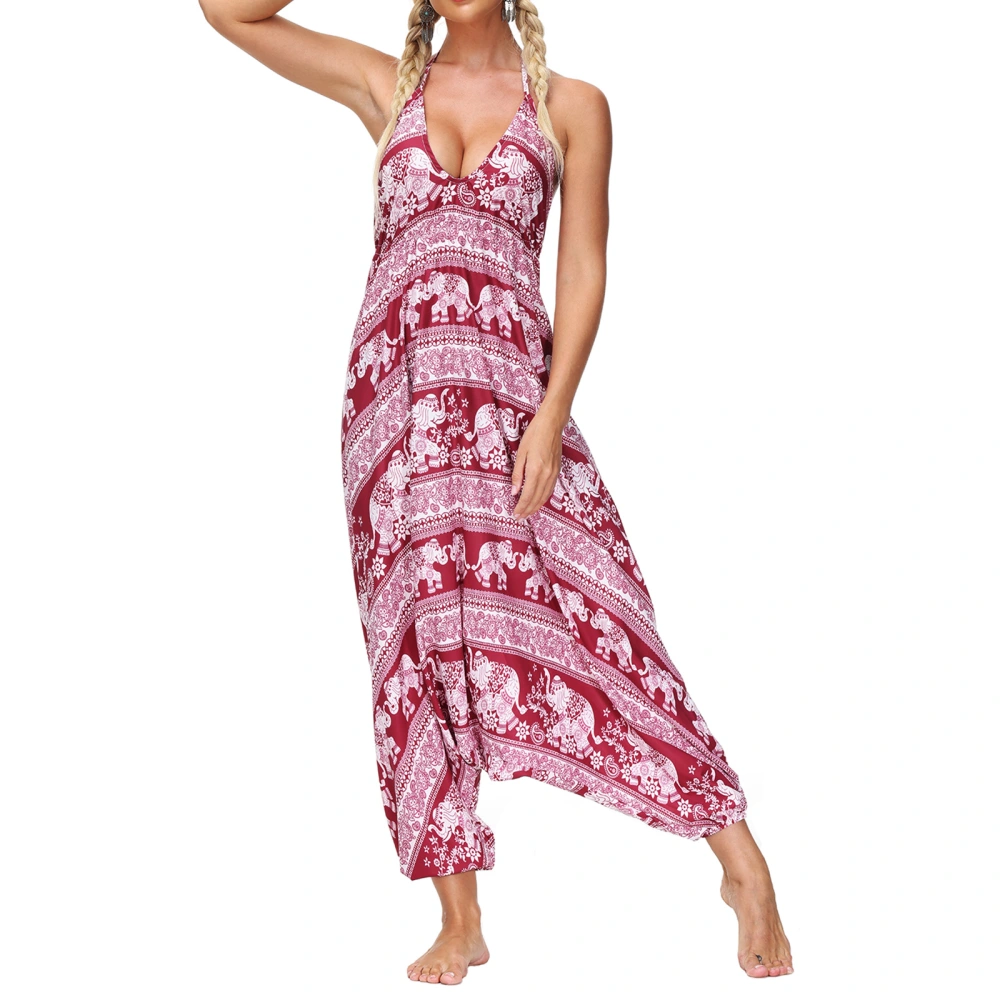 Women Jumpsuit, Printed Pattern Halter Neck Backless One-piece