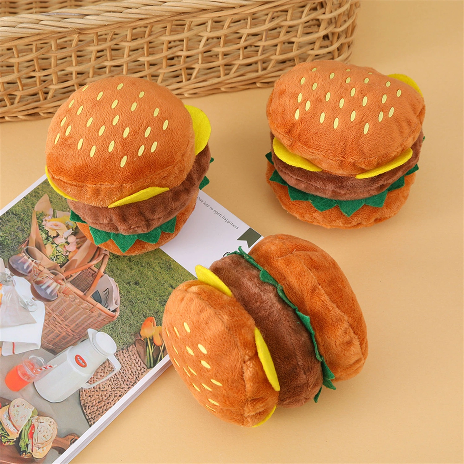 Hamburger Dog Toy, Funny Plush Puppy Chew Toy with Squeaker for Dogs