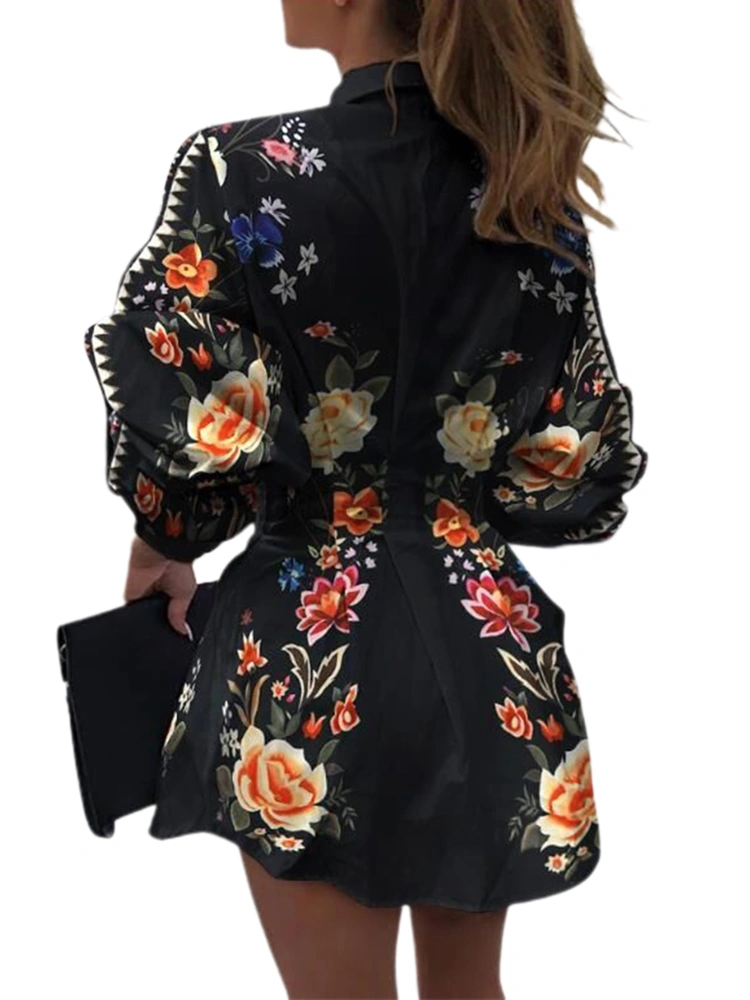 Women's Printed Dress, Long Lantern Sleeves Floral Lapel Neck Skirt