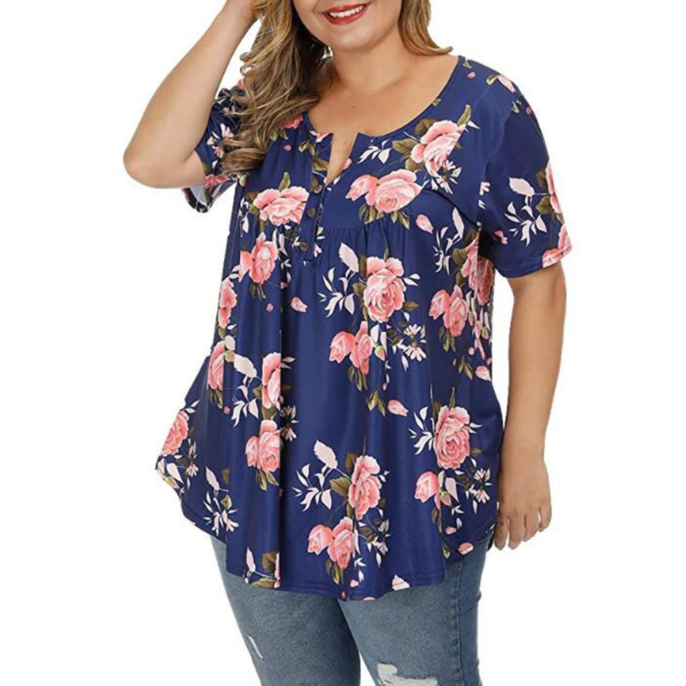 Female Tops, Floral Print Henley Neck Short Sleeve Pullover Blouse