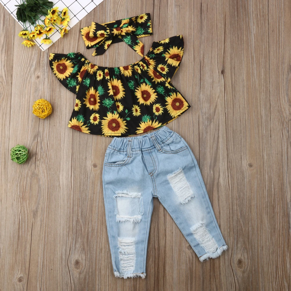 Toddler Girls' Sunflower Top + Light Colored Ripped Jeans + Floral Headband