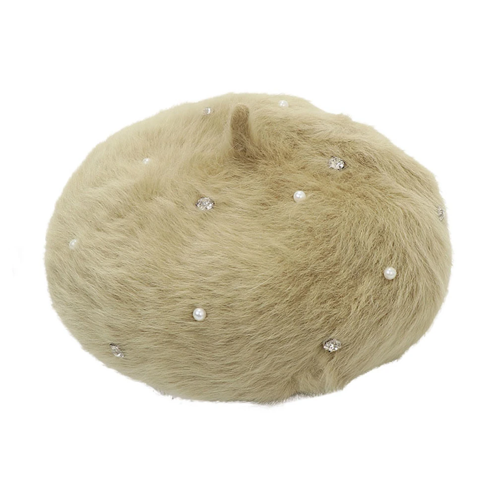 Kids Girls Berets Hat Toddler Pearl Rhinestone Rabbit Fur Princess Cap