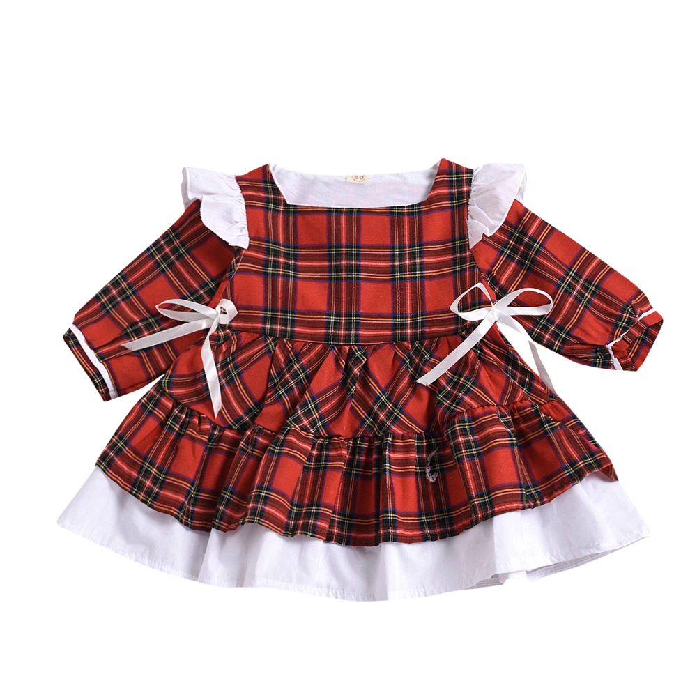 Baby Girls Red Black Plaid Print Dress Long Sleeve Ruffle Elastic Waist Dress