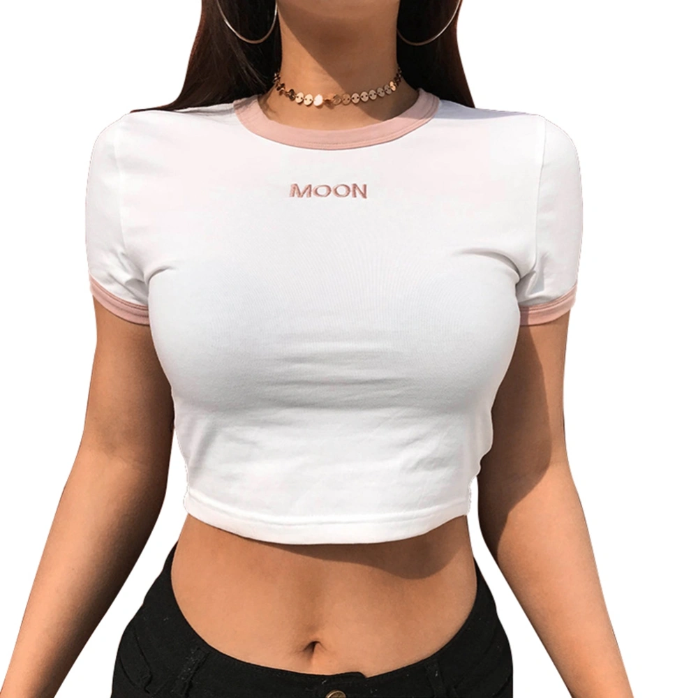 Female Short Tops, Short Sleeve Crew Neck Letter Embroidered Casual Crop Tops