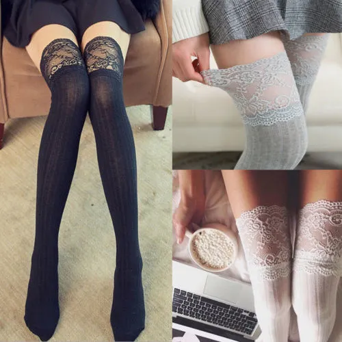 Ladies High Socks Monochrome Sexy Lace Stylish Slim Fit Stockings