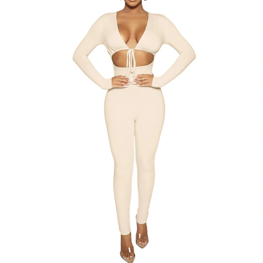 Women’s Solid Color V-neck Tie-up Hollow Tight Long Sleeve Jumpsuit