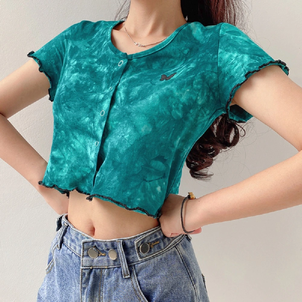 Women Tie-dye T-shirt Short Sleeve Round Neck Butterfly Embroidery Ruffle Top