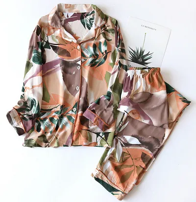 Women Summer Pajama Set Long Sleeve Print Top Loose Trousers Home Wear