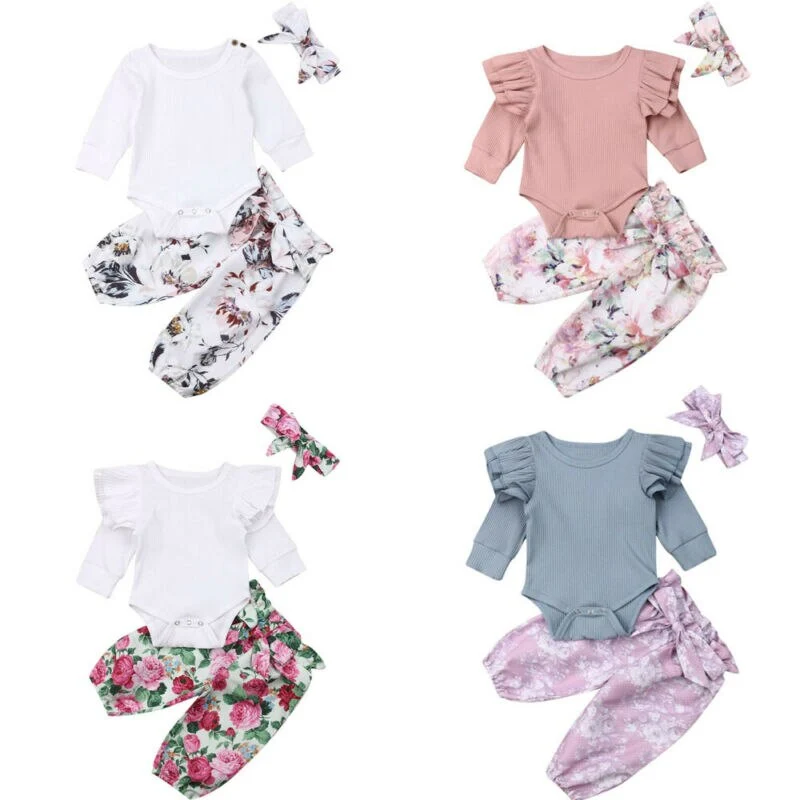 Baby Girl 3PCS Outfit Set, Long Sleeve Round Neck Romper, Floral Pant, Hair Band