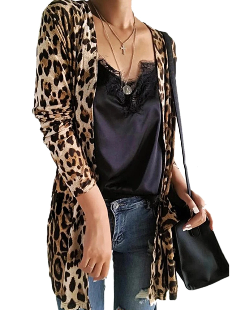 Women Spring Long Sleeve Cardigan Leopard Print Open Stitch Tops with Pockets