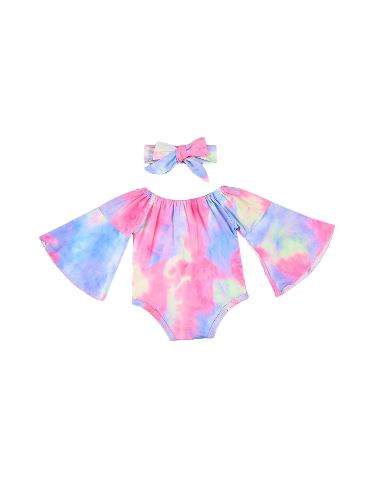 Baby Girls Romper with Hair Band, Flared Sleeve Tie Dyeing Off Shoulder Romper