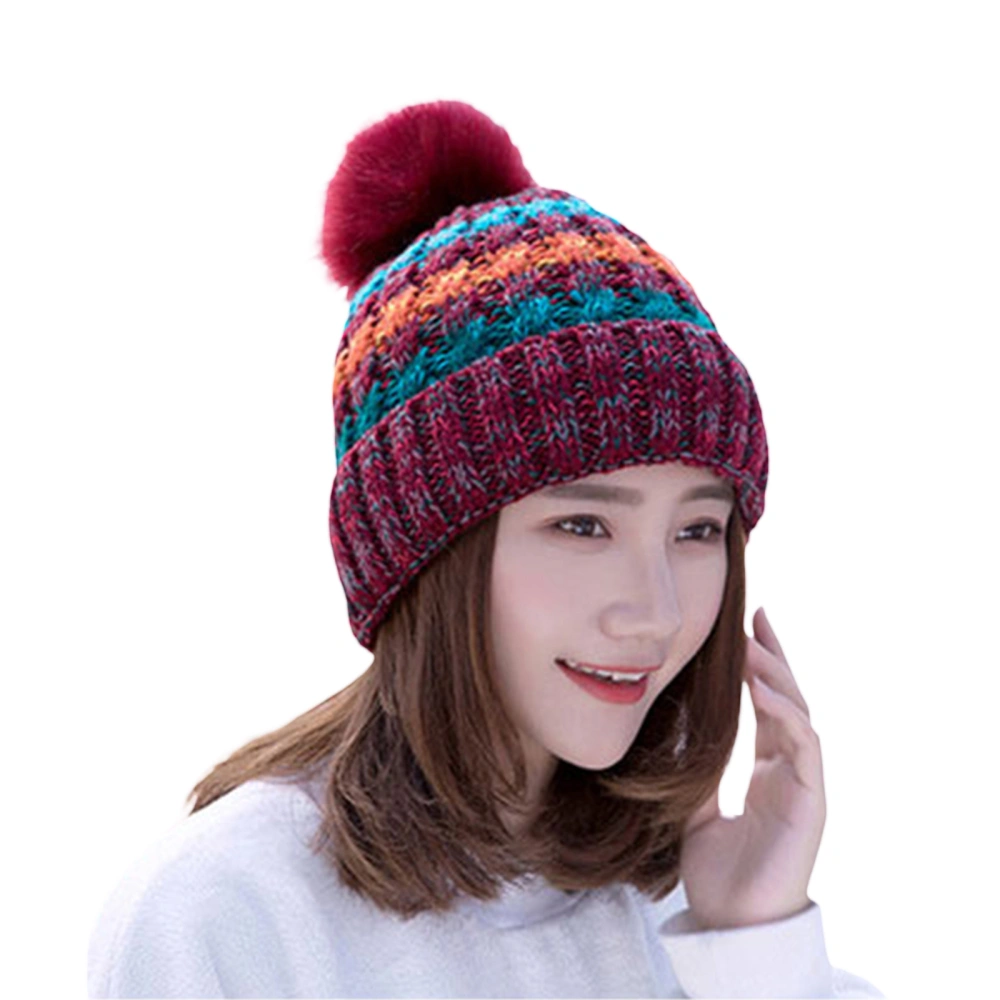 Knitted Beanie Hat, Color-Contrast Stripe Hairball Edge Rolled Hat