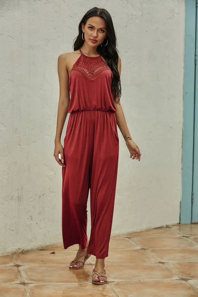 Women Hollow Out Crochet Solid Color Elastic Waist Wide Leg Jumpsuits