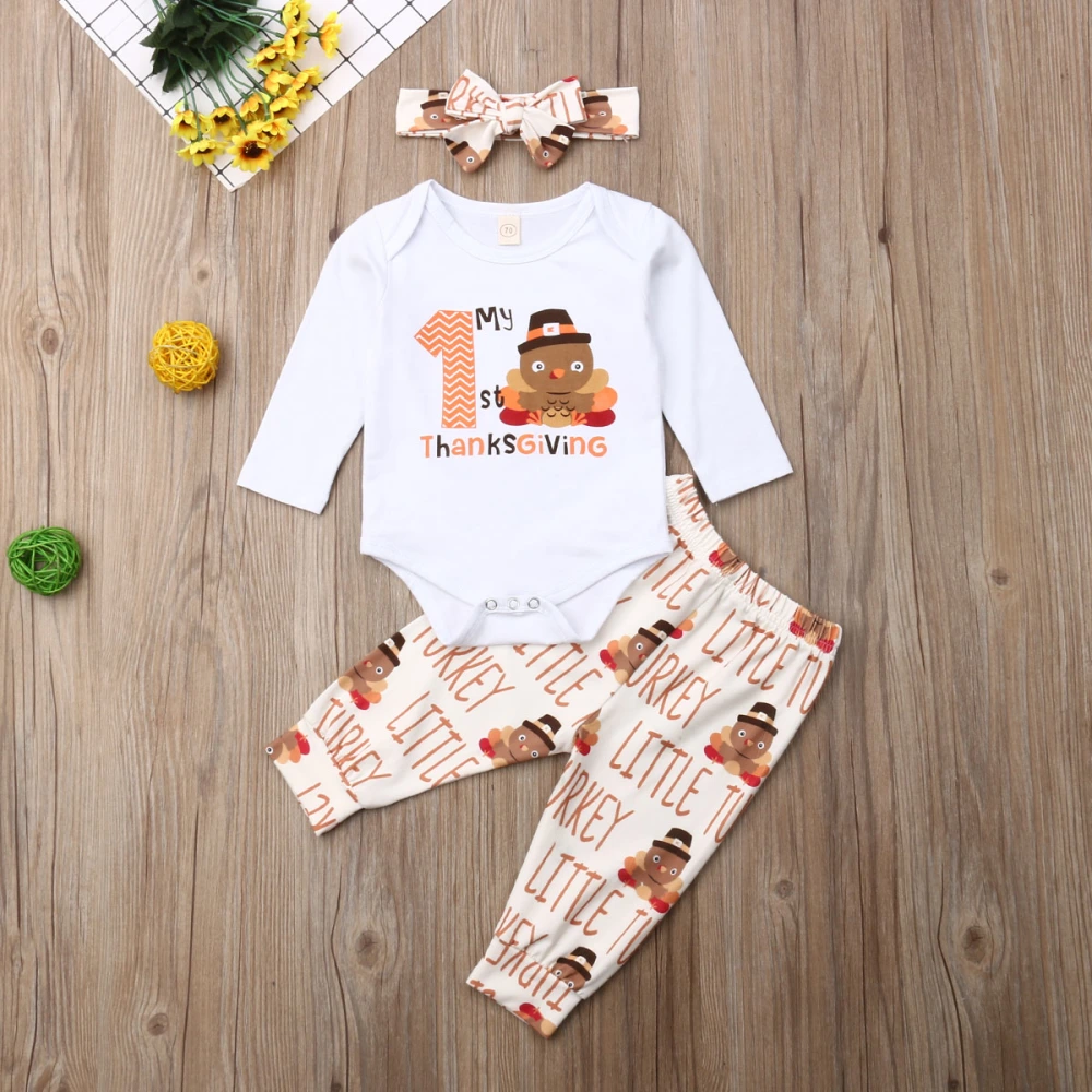 Baby's Thanksgiving Long Sleeve Romper, Long Pants and Headband