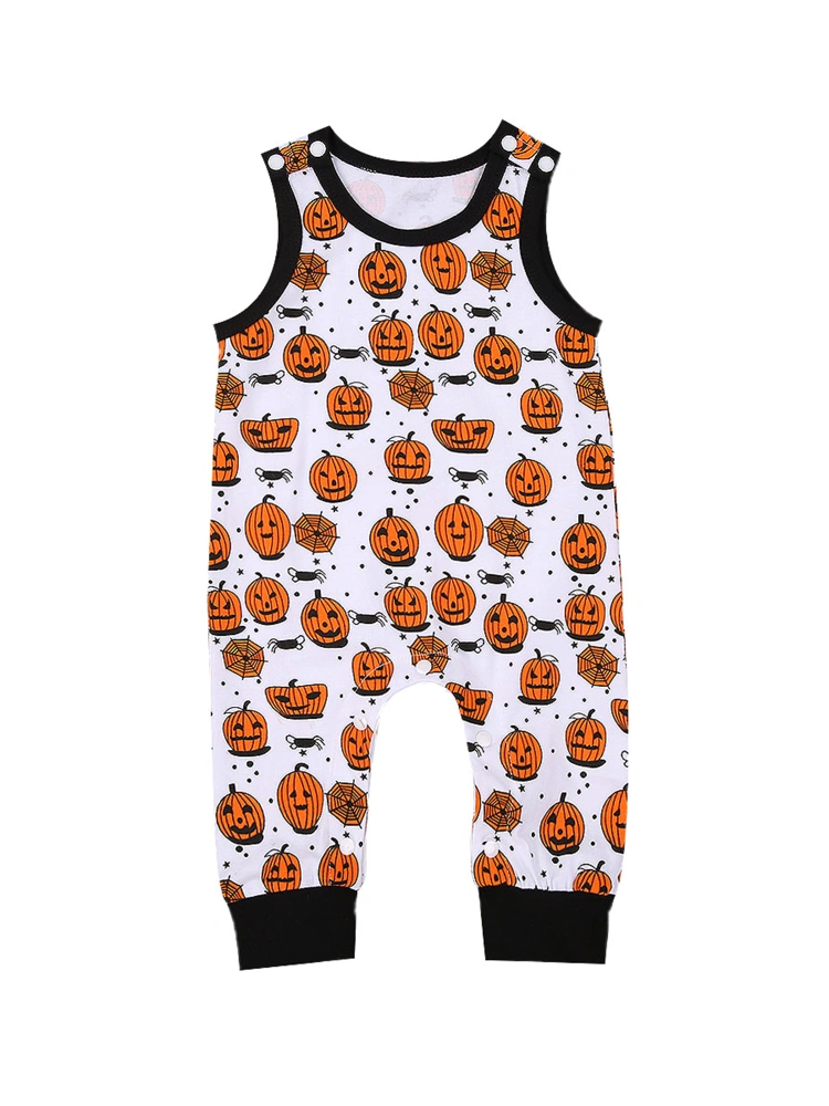 Kids Summer Sleeveless Round Neck Pumpkin & Spider Print Romper