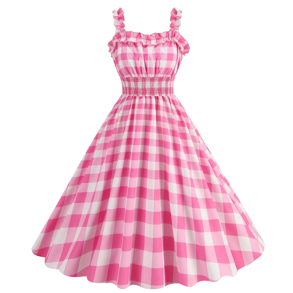 Women Summer Long Dress Elegant Plaid Flowy Sleeveless Party Dress