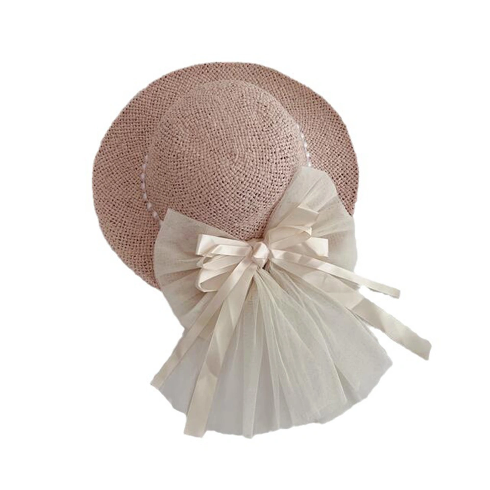 Children's Girl Summer Straw Cap, Tulle Bowknot Pearl Beach Hats