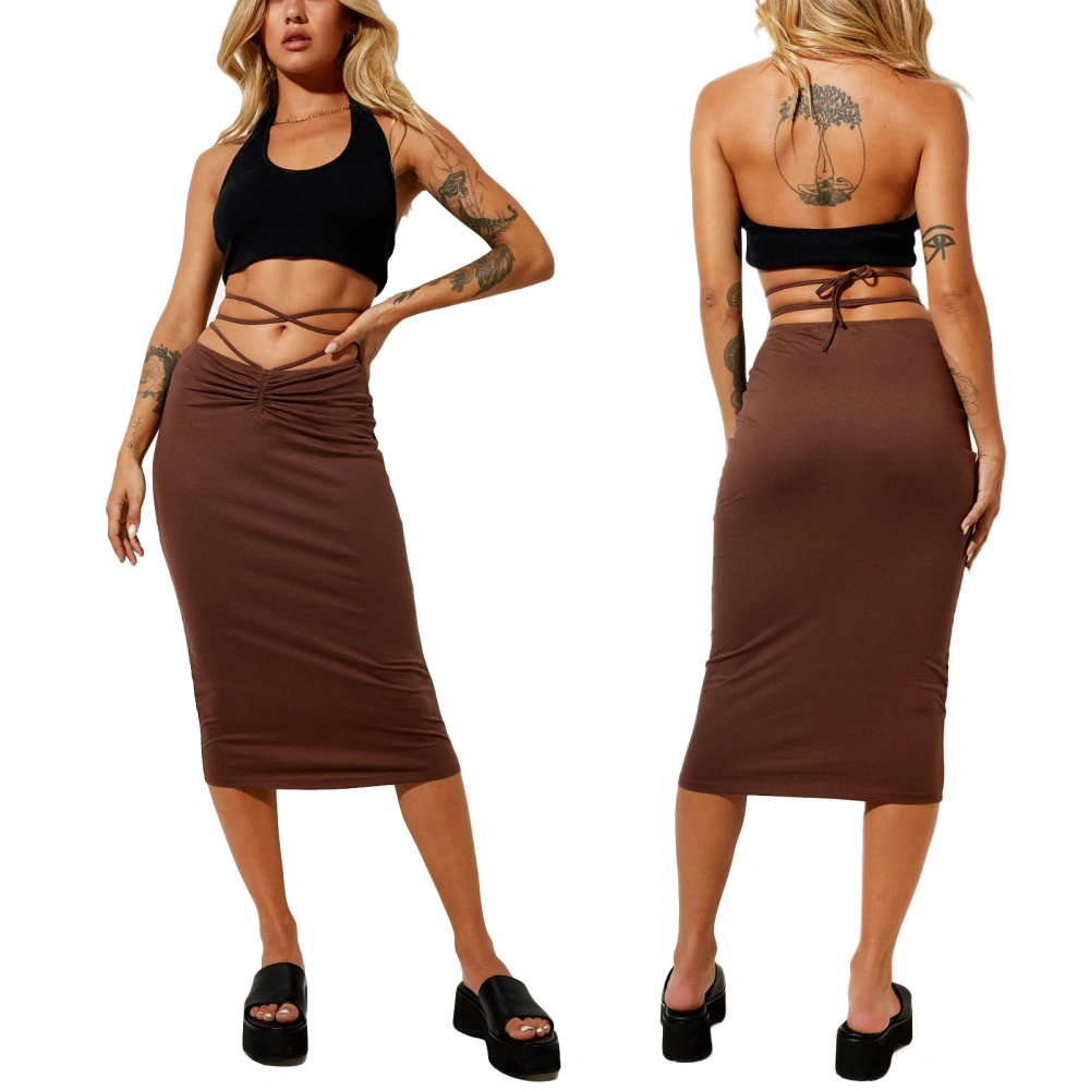 Women Solid Color Midi Skirt, Slim Fit High Waist Drawstring Skirt