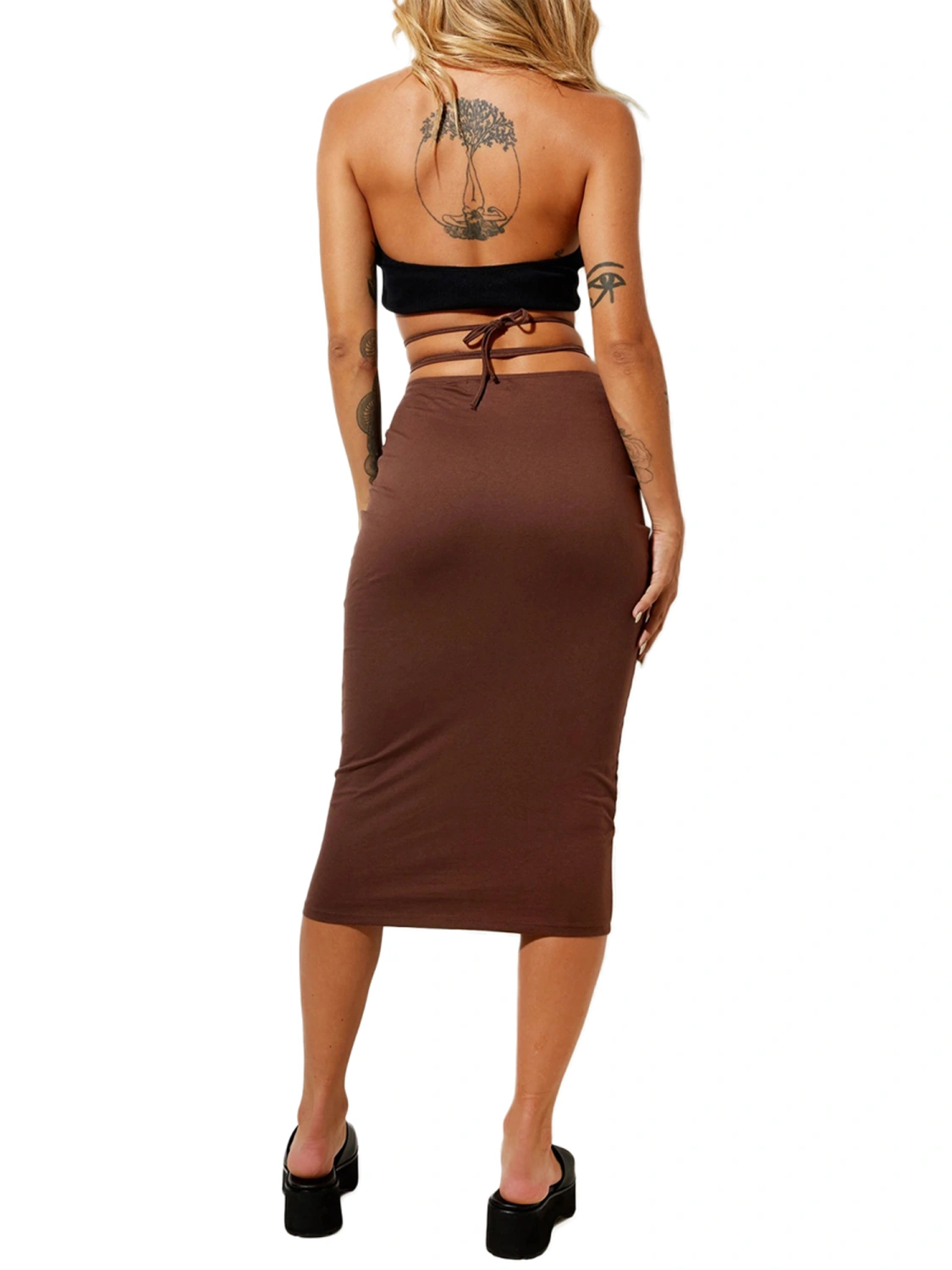 Women Solid Color Midi Skirt, Slim Fit High Waist Drawstring Skirt