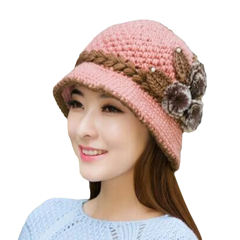 Women Knitted Bucket Hat, Wide Brim Patchwork Soft Warm Winter Cap