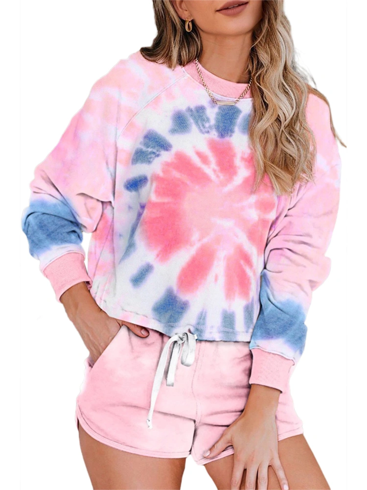 Ladies Home Wear Set Full Print Gradient Tie Dye Tops Stretch Shorts Tracksuit