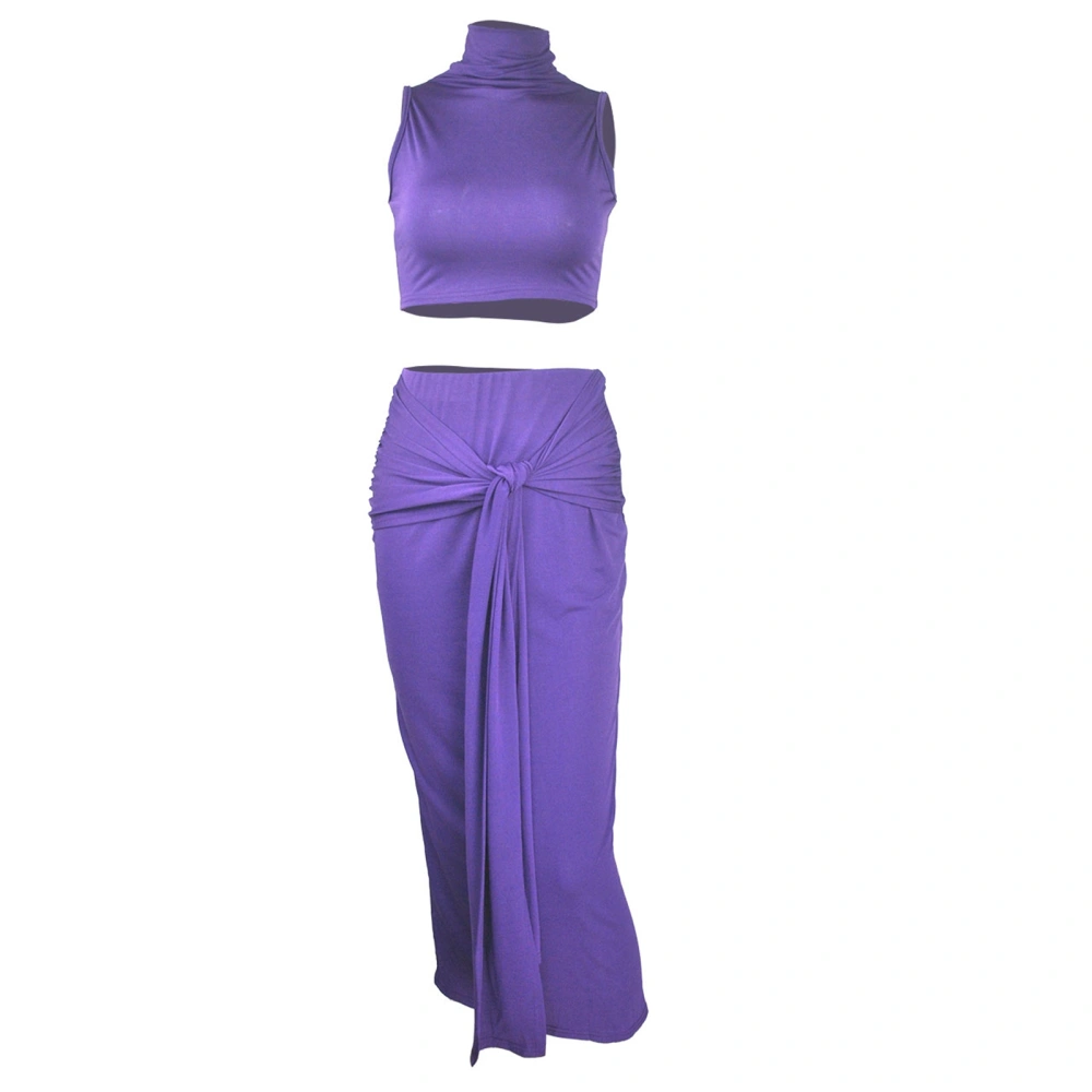 Women Clothes Set, Solid Color Turtleneck Vest and High Waist Skirt