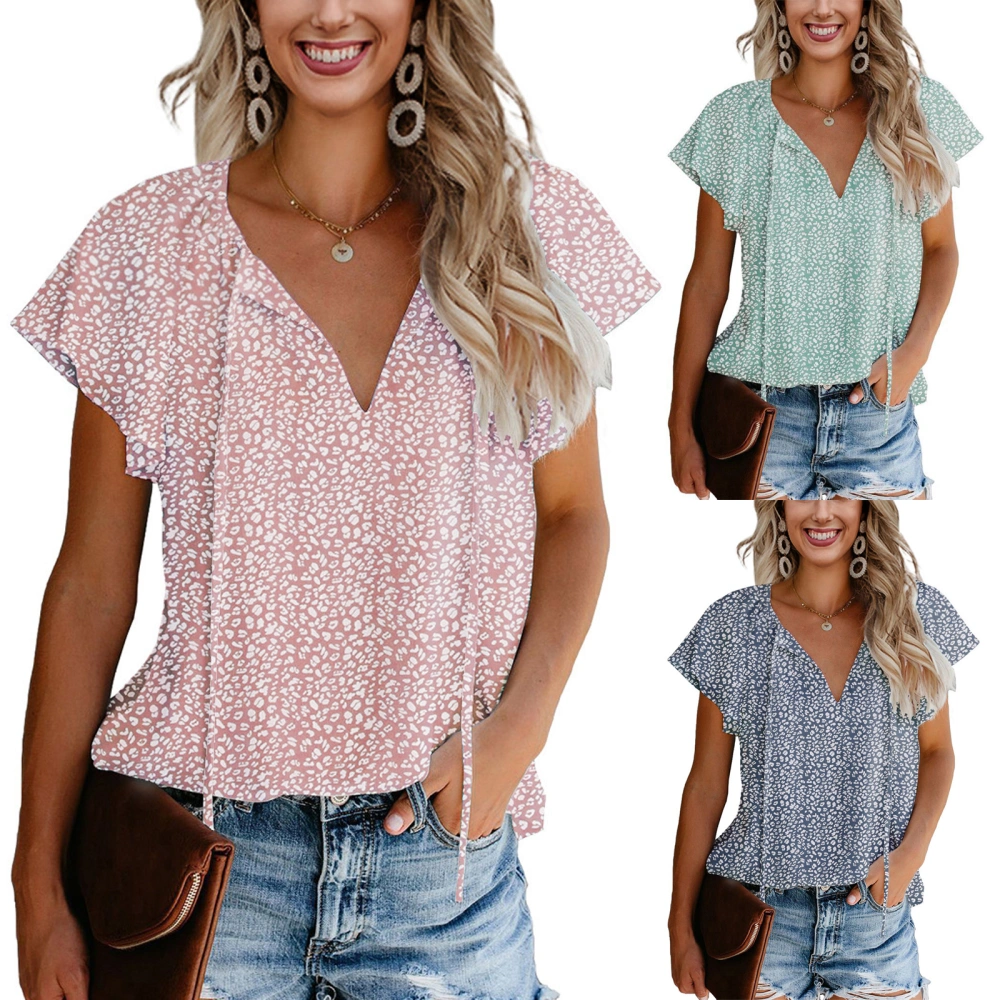 Women Floral Print Chiffon Shirts, Short Sleeve V Neck Loose Tops