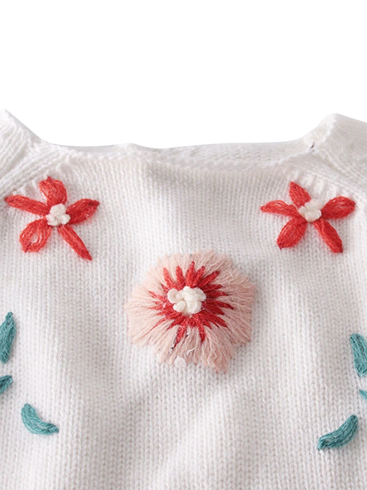 Autumn Baby Romper, Flower Embroidery Patchwork Knitted Bodysuit